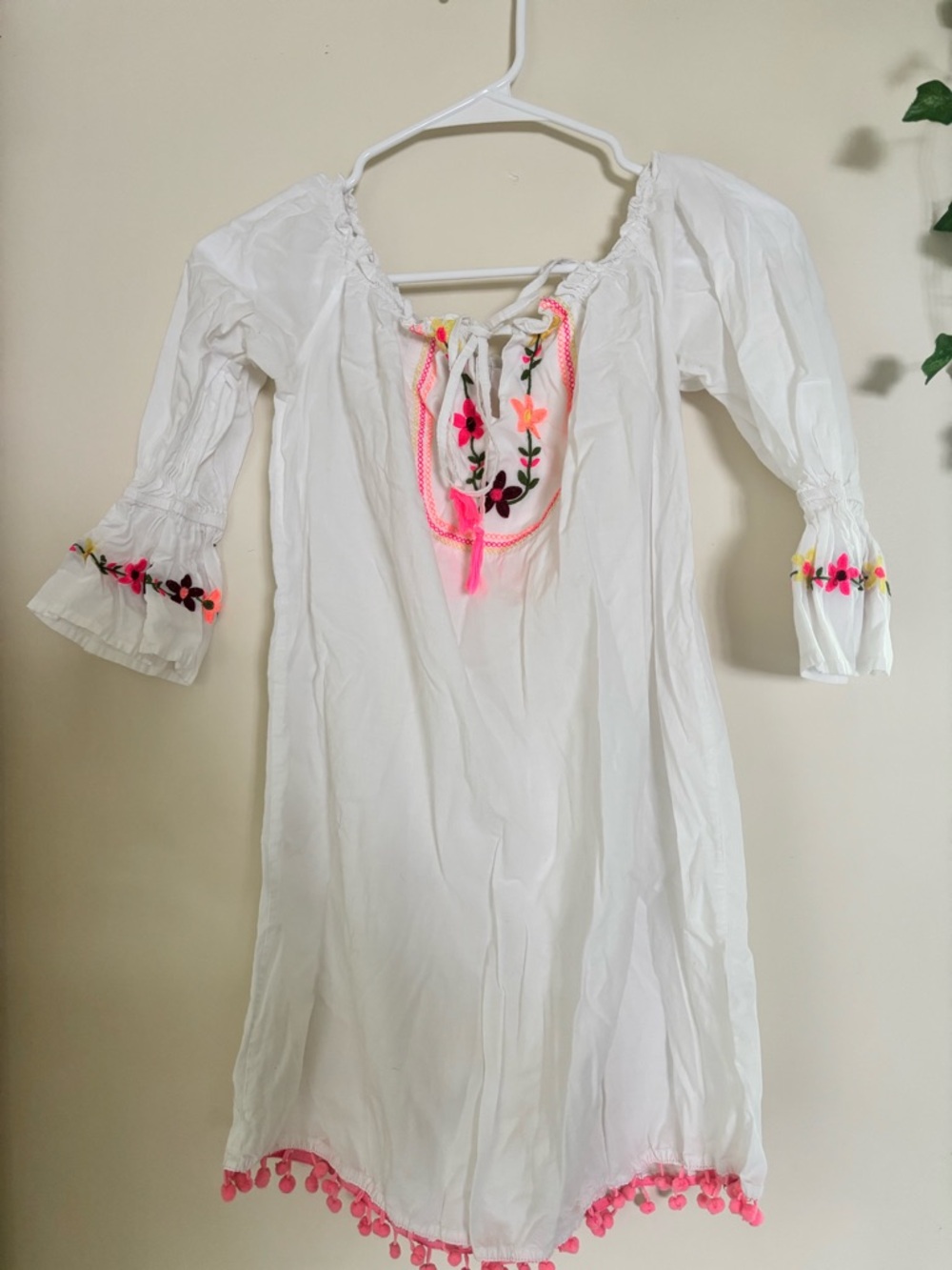Closet White Swim Coverup with Neon Pink Embroidery